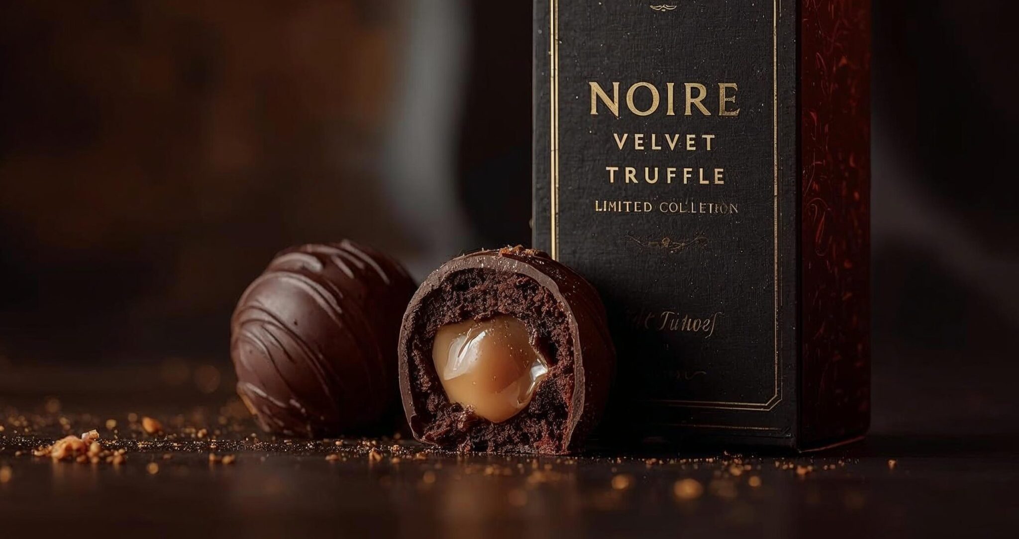 The Velvet Truffle from Noire's limited luxury chocolate collection - artisanal chocolate truffles featuring smooth ganache and rich caramel filling